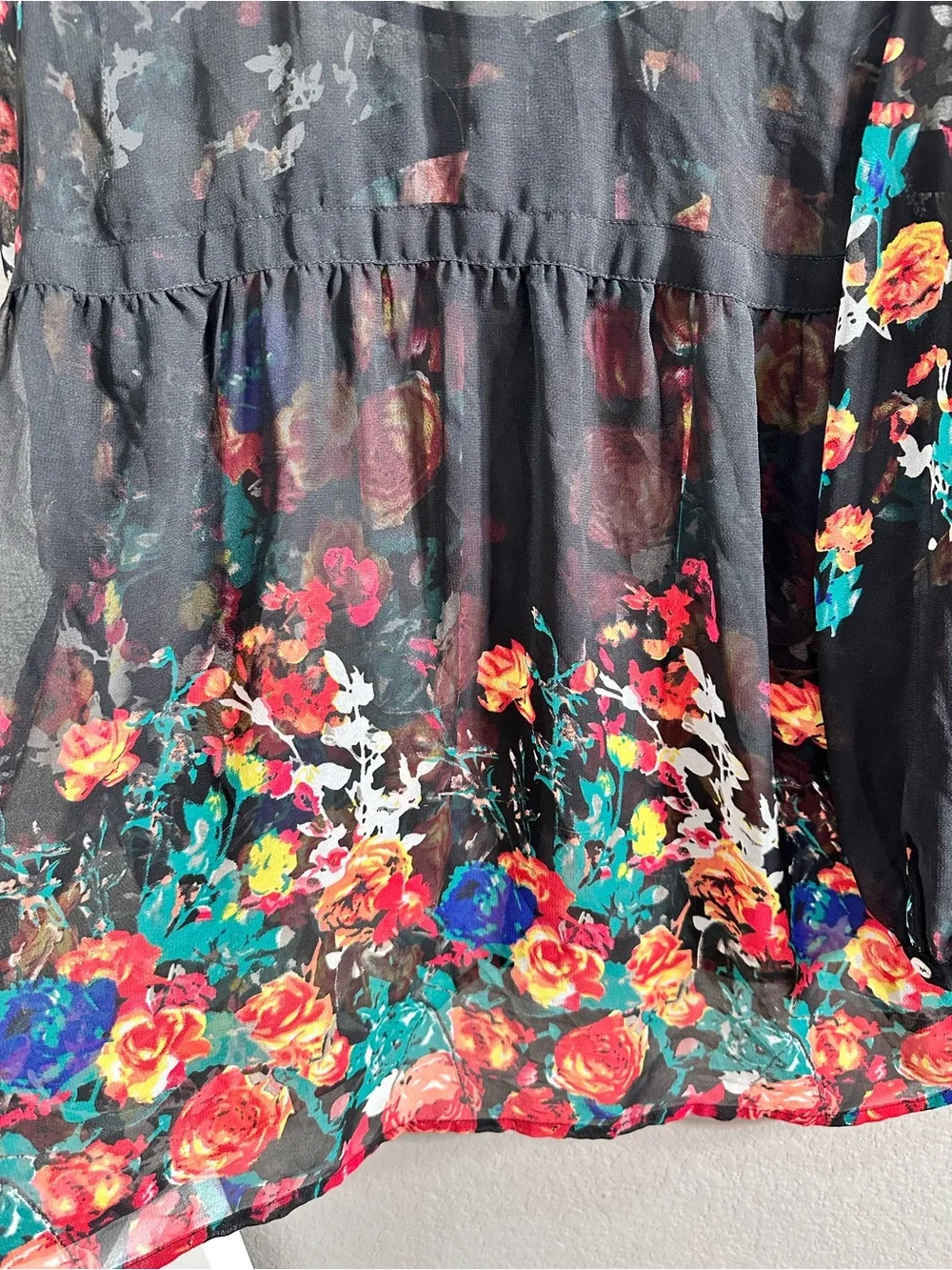World Market Black Floral Sheer Peasant Blouse Size S/M Boho Cottagecore‎